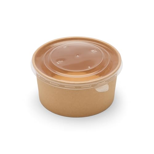 Londoncoffeecups 1000ml Round Kraft Recyclable Food Containers with Lids - Takeaway Bowls for Hot/Cold Food - Leakproof Takeaway Containers - Brown Cardboard Packaging Bowl (Round, 1000ml, Case of 50)