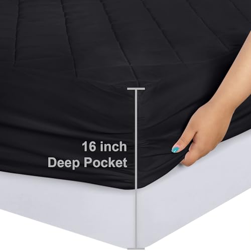 Image of Utopia Bedding Quilted Fitted Mattress Pad, Twin Size, Elastic Fitted Mattress Topper Protector and Cover with Deep Pocket Stretches up to 16 Inches, Machine Washable (Black)