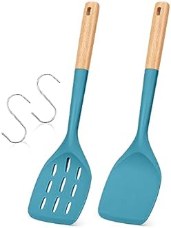 Pack of 2 Silicone Spatula, Non Stick Cooking Utensil Set Wooden Handle Kitchen Turner for Baking Mixing Grilling Serving Food Heat Resistant Non Scratch Hooks Included (Blue)