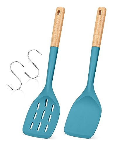 Pack of 2 Silicone Spatula, Non Stick Cooking Utensil Set Wooden Handle Kitchen Turner for Baking Mixing Grilling Serving Food Heat Resistant Non Scratch Hooks Included (Blue)