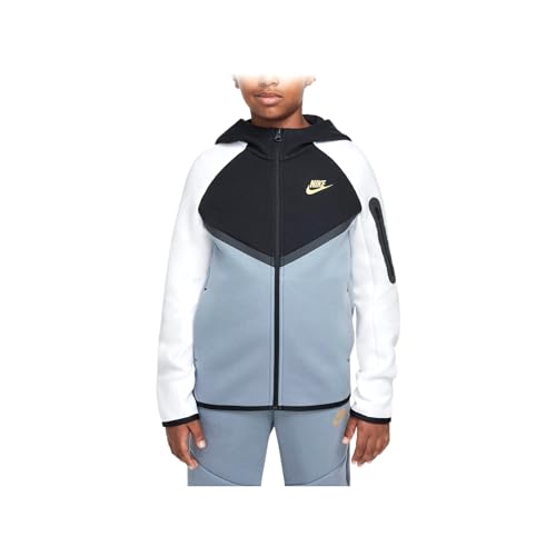 Nike Sportswear Tech Fleece Big Kids' Full-Zip Hoodie (HV5867-065, Cool Grey/Black/White/Metallic Gold) Size Medium