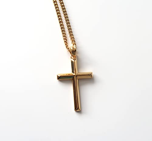 14K Gold Chain Small Cross Pendant Necklace Solid Clasp for Women, Men, Wife, Husband, Thin for Charms Miami Cuban Link Diamond Cut Religious Beveled Edge3