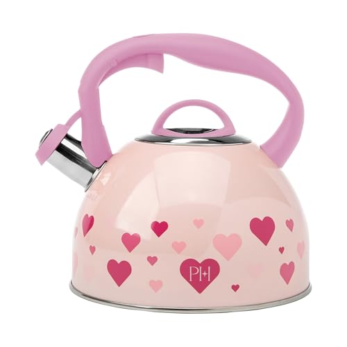 Paris Hilton – Tetera de acero inoxidable con diseño de corazón de 2 litros con asa de tacto frío y boquilla para silbato, perfecta para el uso diario, elegante y seguro