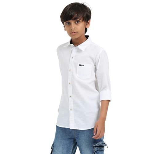 Image of ROCKET SCIENCE Boys Single Pocket Shirt | Regular Fit, Spread Collar, Full Sleeves, 100% Cotton Linen Fabric White