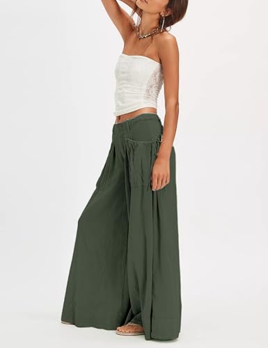 Qiaomai Womens Loose Wide Leg Pants Casual Drawstring Pockets Cotton Palazzo Pants Trousers2