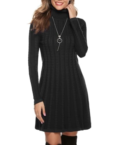 Gyabnw Damen Strickkleid Rollkragen Winterkleid Elegante A-Linie Knielanges Kleid Pulloverkleid Zopfmuster Minikleid Strickpullover für Party...