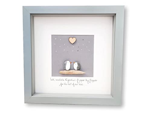 Image of Personalised Pebble Art Framed Picture Penguins Gift for Husband Wife Girlfriend Boyfriend Fiance 23 x 23 cm Available in White Black Oak Effect or Grey