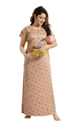 Image of Onekbhalo Women's- Full Sleeves-Feeding- Nursing- Maternity Nighty /Maxi /Gown /Nightdress /Nightwear- Hosiery Cotton Fabric- Floral Print- Embroidery with Zip