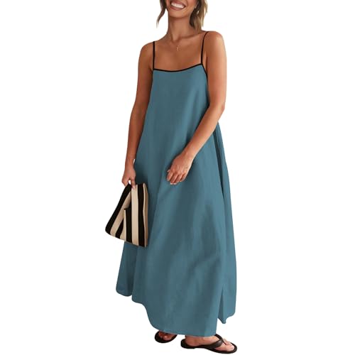 Image of Senllen Women's Linen Dress Summer Loose Flowy Sundress Contrast Spaghetti Strap Sleeveless Backless Beach Maxi Long Dresses