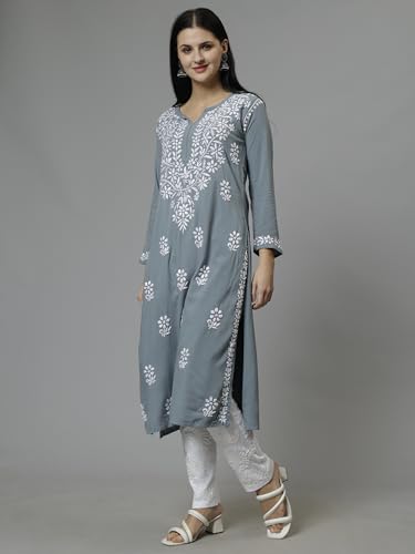 Image of Seva Chikan Hand Embroidered Lucknowi Chikankari Rayon Straight Kurta for Women SCL4532