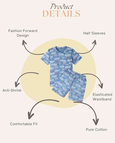 Image of Unisex Kids Pure Cotton Short & Tee Night Suit | Half Sleeve Printed Nightdress | Kids Nightwear /Nightdress for Boys | 11-12 Years | T-Shirt & Shorts Combo Set Black