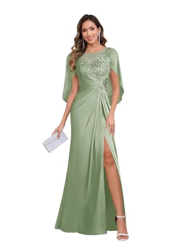 Women's Cape Sleeve Mother of The Bride Dresses Long Lace Satin Formal Dress for Wedding