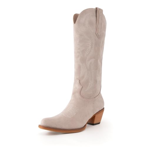 Image of KaroNairy Women Cowboy Boots Faux Suede Embroidered Pointed Thick Heeled Western Wide Calf Cowgirl Ponited Toe Mid Calf Boots