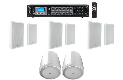 Rockville Bundle: (1) RCS180-6 180 Watt 6 Zone 70v Restaurant Amplifier Bundle with (6) RockSlim 70B White 5.25