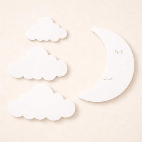 Image of Moon & Cloud Wall Decor Set (4 Pcs) for Kids Room | Nursery Decoration Items | Baby Room Hanging Wall Decor | Wooden DIY Cutouts for Bedroom & Baby Shower (White)