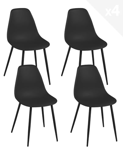 KAYELLES Lot de 4 chaises de Cuisine Noires Design Contemporain, siège Plastique Souple, Pieds métal Nova (Noir)