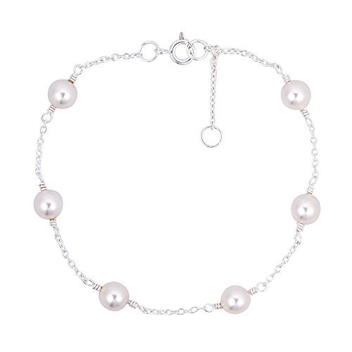 AeraVida Luminous Cultured Freshwater White Pearl .925 Sterling Silver Chain Link Adjustable Bracelet with Spring Ring Clasp | Handcrafted Pearl Bracelet for Daily Wear