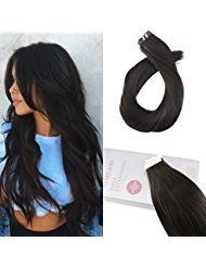Moresoo 18 Inch Black Tape in Human Hair Extensions Unprocessed Straight Remy Human Hair Color Off Black #1B Seamless Skin Weft Tape in Hair Extensions 20PCS 50G PU Tape