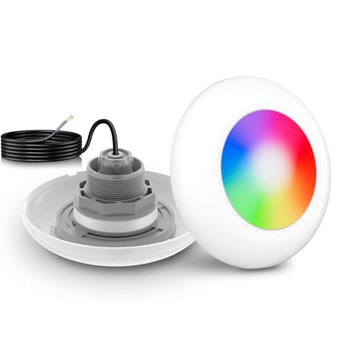 LyLmLe Lampe LED Piscine Vissable avec Filetage 2, 15W Projecteur Piscine RGB Multicolore Contrôle Sync, Ø190mm, 12V AC Éclairage Lampe pour Piscines Hors-Sol en Acier, Sans Unité de Contrôle