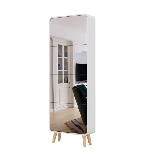 Organizedlife Mirror Shoe Cabinet with 4 Flip Drawers, Wooden Shoe Organizer with Solid Wood Legs, Full Length Mirror Shoe Rack, Narrow Shoe Storage Cabinet for Entryway