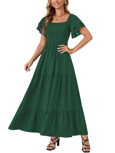 Image of LYANER Women's Square Neck Midi Dress | Summer Ruffle Short Sleeve Smocked Tiered Ruched Flowy A Line Party Casual Dresses
