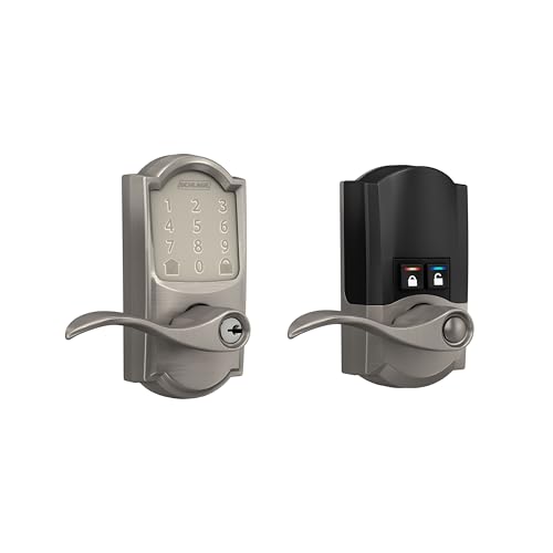 Image of Schlage Encode Smart WiFi Lock, Lever Handle, Camelot Trim, Satin Nickel | Keyless door lock with handle, Touchscreen keypad, App control, Alexa, Google, Ring & Airbnb compatible, Certified security