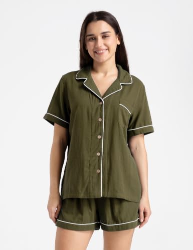 Image of Womens Muslin Pajama Sets 100% Cotton Double Gauze Linen Like Short Pjs | Breathable Soft Comfort Button Up Loungewear Sleepwear PJ Set