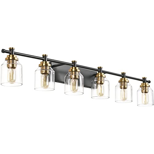 SOLFART 6-Lights Black Brass Bathroom Vanity Light Fixture Vintage Bathroom Fixture Over Mirror Thick Clear Glass