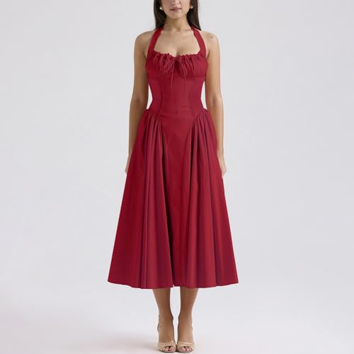 Image of Women Floral Corset Dress Halter Neck Low Cut Bustier Lace Midi Dress Flowy Pleated Hem Long Sundress with Pockets