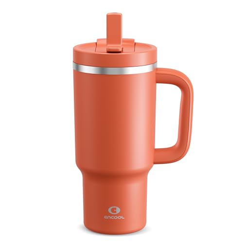 Image of ENCOOL 32 oz Tumbler with Handle and Straw: Stainless Steel Insulated Tumbler Keeps Cold for 24 Hours, Leakproof Travel Cup Fits in Cup Holder and BPA-Free,Tawny Orange