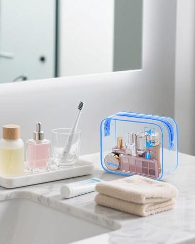 TSA Approved Clear Travel Toiletry Bag wih Zippers Carry-on Travel Accessories Quart Size Toiletries Cosmetic Pouch Makeup Bags for Men and Women (2pcs Navy Blue)