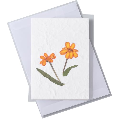 Zinnias Card | Real Flowers notecard with Handmade Paper | Thinking of You Card | Birthday Card | Mother's Day Card | Wedding Day Card | Gift for Her (4 x 6 Inch Card with Envelope)