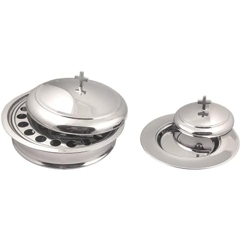 Communion Ware Holy Wine Serving Tray with A Cover & A Stacking Bread Plate with A Cover - Stainless Steel (Mirror/Silver) Cover