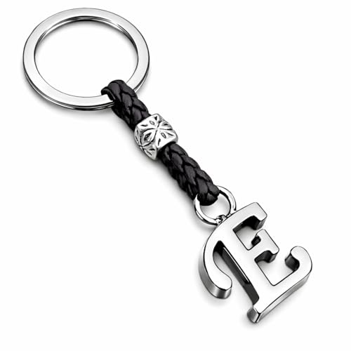 ASTER ALHELÍ - Llavero de Cuero con Iniciales Personalizado - Letras y abalorios de zamak Chapado en Plata - Llavero para Hombre o Mujer - Ideal para Regalo (E)