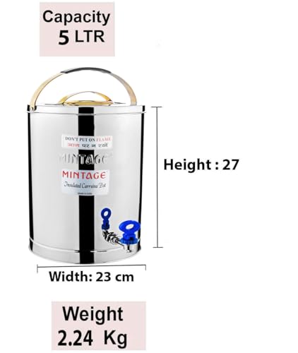 Image of Mintage Alpine Tea Container 5 Liters Stainless Steel Insulated | Leakproof Durable | Heat Retention Lightweight | Storage Solution | Beverage Preservation | Teapot Dispenser Jar | Canteen Chai Kettle