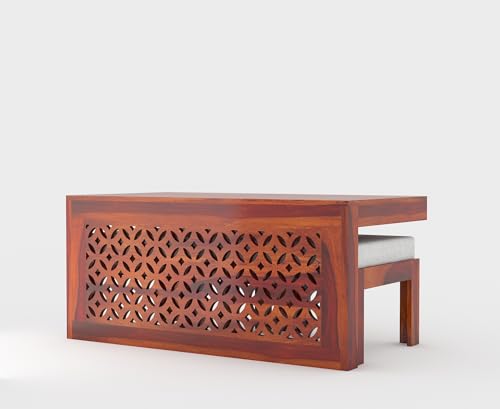Image of ONIJA Modern Wooden Coffee Table with Carved Jali Design & Cushioned Stool | Center Table with Hidden Seating | Solid Wood Living Room Table (Honey Finish)