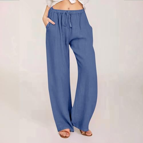Cotton Wide Leg Palazzo Pants for Women Summer Casual Beach Pants Loose Fit Drawstring Lounge Trousers with Pockets2