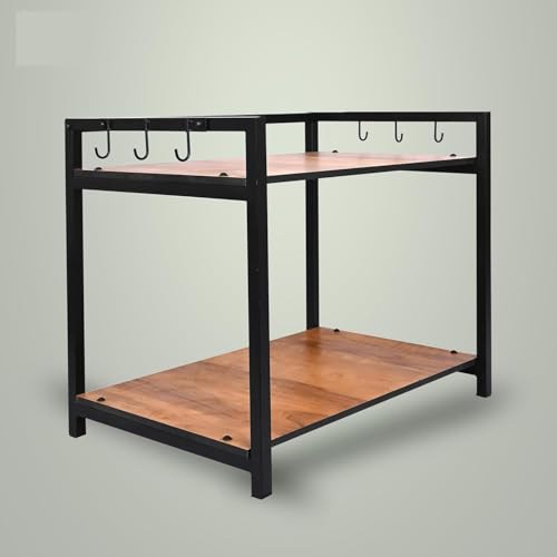 Image of Heavy Duty Metal Microwave Oven Stand with Storage Shelves | 2 Tier Kitchen Organizer Rack with Hooks | Suitable for Microwave, OTG & Kitchen Appliances