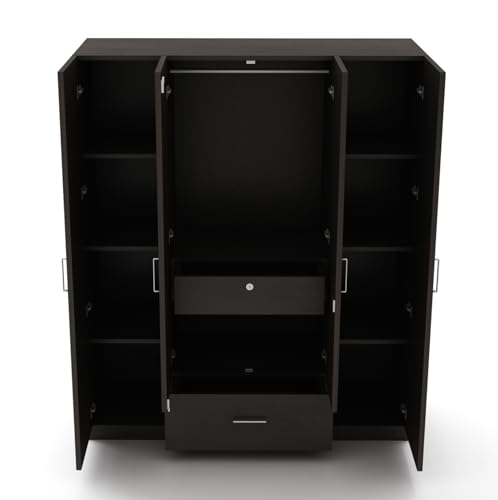 Image of DesignFit Engineered Wood 4-Door Wardrobe for Bedroom | Wooden Almirah with 1 Hanging Rod, 2 Drawers & 8 Shelves | Clothes Cupboard Storage Cabinet Furniture (Wenge Finish)
