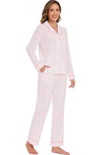 Image of LUBOT 100% Cotton Pajamas for Women Pajama Set 2 Piece PJ Sleepwear Set Soft Ladies Button Knit Long Sleeve Loungewear XS-XXL