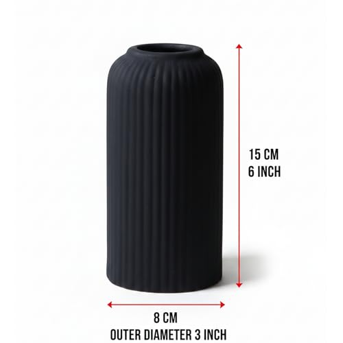 Image of KREATIVE ART'S Modern Ribbed Design Ceramic Flower Vase for Living Room, Flower Pots for Artificial Flower, Home Decoration Item, Home Decor, Vases for Living Room (Black, Small)