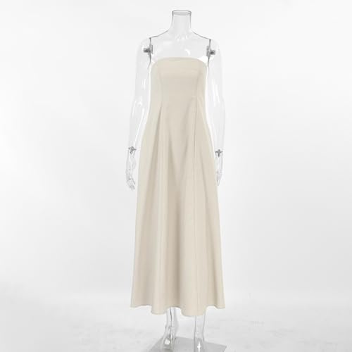 Image of Aesthetic Summer Solid Color Strapless Linen Dress Backless Sleeveless Casual Party Beach Going Out Dresses for Women
