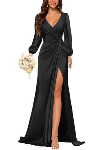 SHANDUAO V Neck Bridesmaid Dress Satin Cocktail Gown Long Sleeve Prom Dresses with Slit