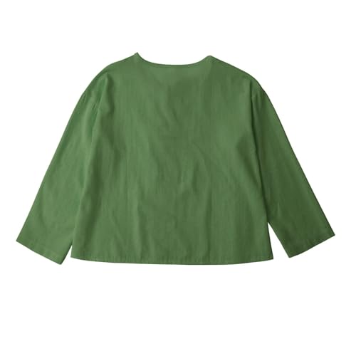 Cotton Linen Shirts for Girls Summer 2025 V Neck 3/4 Sleeve Button Down Tops Kids Loose Vacation Beach Solid Blouses Tunic3