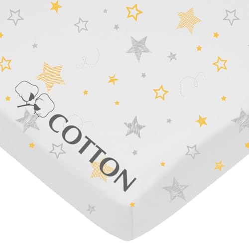 Image of American Baby Company 100% Natural Cotton Fitted Pack and Play Sheet 39 inch x 27 inch - Soft & Breathable Pack N Play Sheet for Playpen, Playard & Mini Crib Mattress, Golden Yellow Star, for Boys & Girls