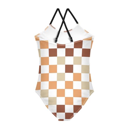 Image of Black and White Chess Girls One Piece Swimsuits Board Marble Tile Sport Halter Swimwear Beach Bathing Suit 3T