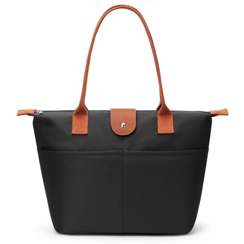 Image of Tote Bag for Women, Casual Hobo Foldable Shoulder Zipper Handbag | Water Repellent Nylon with Leather Handles Fit 15 inch Laptop for Work Weekender Travel Commute