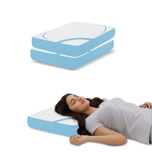 Image of Cervical Neck Support Pillow Set of 2, High Density Memory Foam Contour for Sleeping, 50x30x6 cm, White and Sky Jacquard Shell, Orthopedic Bedding Cushion for Snoring Relief