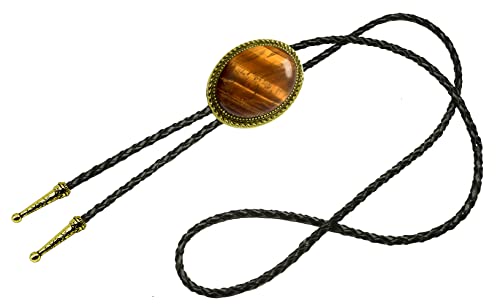 Image of Moranse Bolo Tie with Natural Tiger Eye Stone Celtic Style Genuine and Cowhide Rope