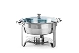 Im Farbkarton HENDI Chafing Dish, Rund, mit Glasdeckel mit einem Brennpastenbehälter und Lebensmittelpfanne, Warmhaltebehälter, Speisewärmer, Behälter, 3,5L, ø390x(H)270mm, Edelstahl 18/0